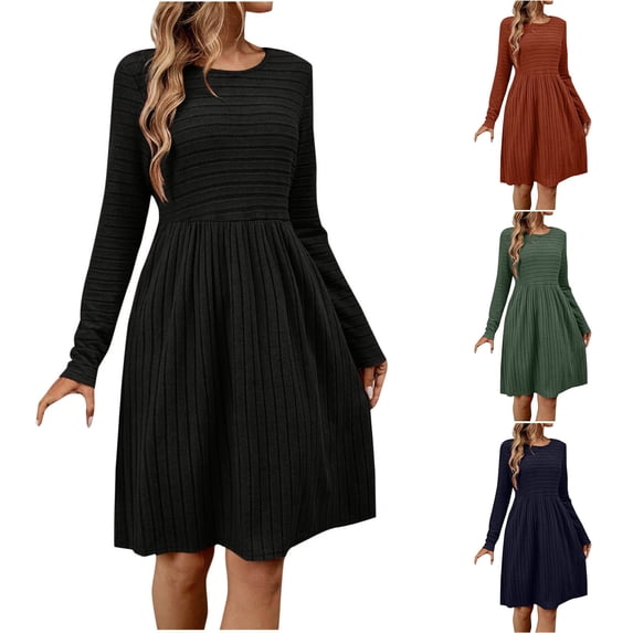 Swuxness Women Long Sleeves Formal Dresses, Women Mid Length Dresses, Women's Solid Color Crew Neck Comfortable Casual Pullover Midi Length Dress Orange, S