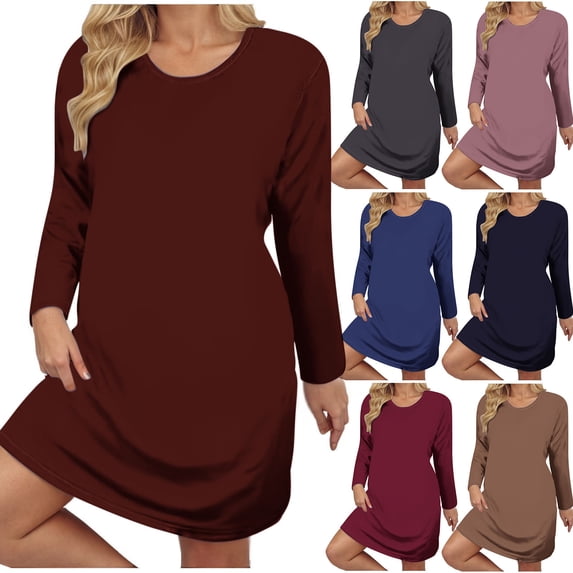 Swuxness Women Long Sleeves Loose Dress, Women Casual Mini Dresses, Women's Large Size Loose Fitting Solid Color Knee Length Dress Pink, XXXL