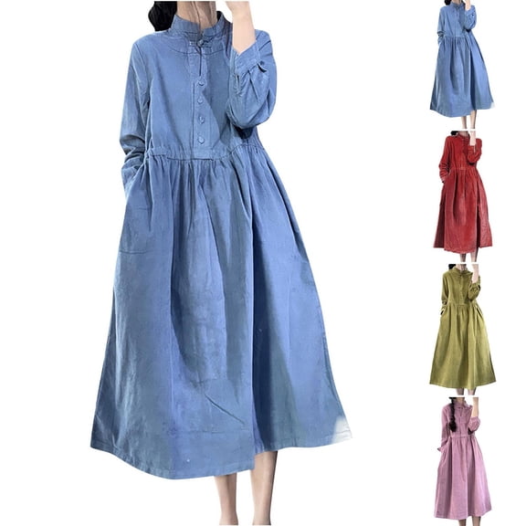 Swuxness Women Long Sleeves Loose A line Dress, Women Casual Long Dresses, Women's Solid Color Vintage Knotted Collar Stand Collar Loose Fitted Corduroy Long Dress Green, XXL