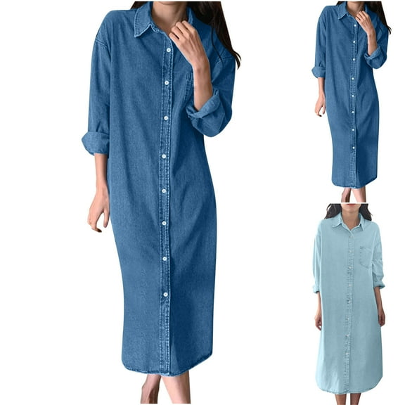 Swuxness Women Long Sleeves Shirts Dress, Women Casual Long Dresses, Women's Solid Color Lapel Breasted Loose Shirt Button Down Denim Like Long Dress Light Blue, XL