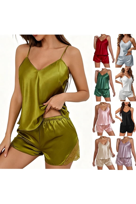 Women Pajama 2 Piece Set Sleeveless V Neck Open Back Tank Top Shorts Summer Homewear