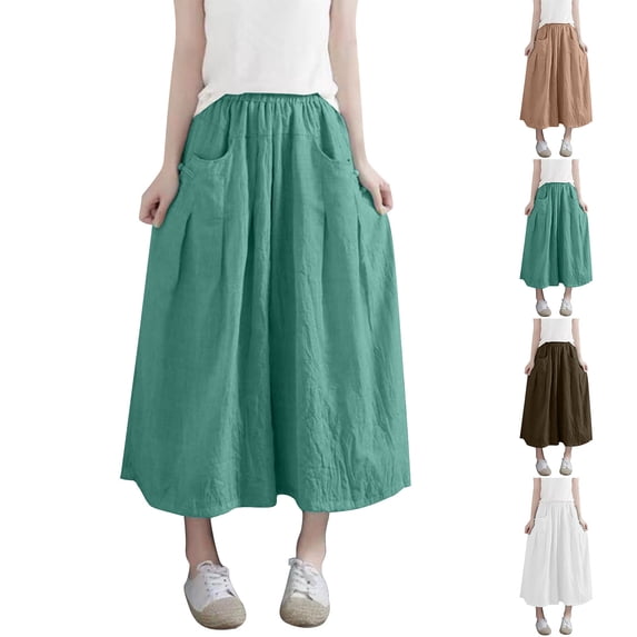 Swuxness Women Plus Size Wide Leg Cropped Pants, Spring and Summer Casual Pants, Ladies Solid Color High Elastic Waist Comfortable Loose Capris Pleated Skirt Khaki, XL