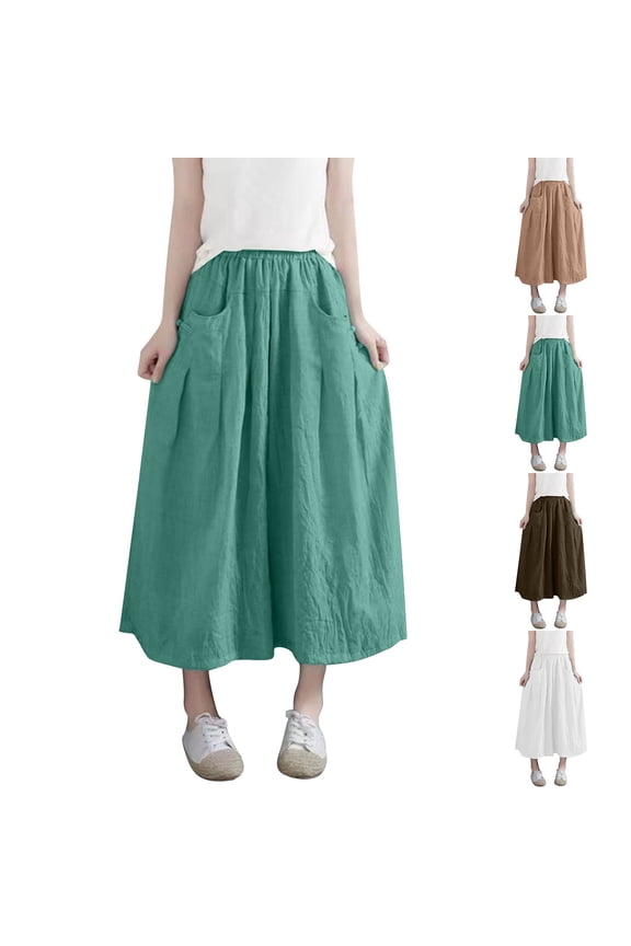 Women Plus Size Wide Leg Cropped Pants, Spring and Summer Casual Pants, Ladies Solid Color High Elastic Waist Comfortable Loose Capris Pleated Skirt Coffee, XL