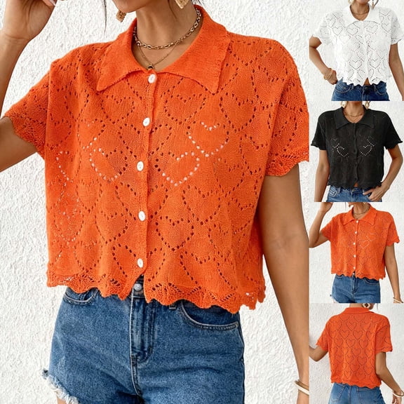Swuxness Women Short Sleeve Casual Shirts, Spring and Summer Tops, Ladies V-Neck Solid Color Button Comfortable Fashion Loose Pullover Tee Orange, L