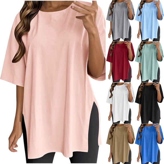 Swuxness Women Short Sleeve Casual T Shirts, Spring and Summer Long Tops, Ladies Crew Neck Solid Color Fashion Comfortable Loose Pullover Tee Pink, XXL