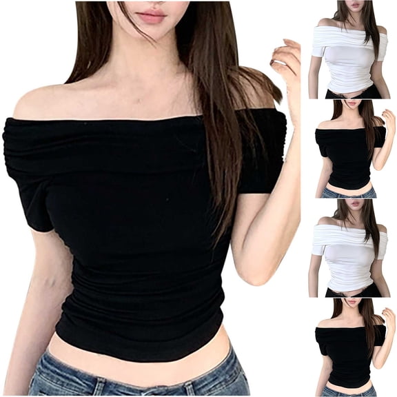Swuxness Women Short Sleeve Casual T Shirts, Spring and Summer Short Tops, Ladies Fashion Solid Color Comfy Slim One Shoulder Pullover Crop Blouse White, XL