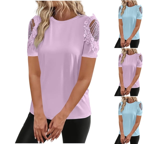 Swuxness Women Short Sleeve Casual T Shirts, Spring and Summer Tops, Ladies Crew Neck Solid Color Fashion Blouses Off Shoulder Pullover Tee Blue, XXXL
