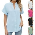thumbnail image 1 of Swuxness Women Short Sleeve Casual T Shirts, Spring and Summer Tops, Ladies V-Neck Solid Color Button Comfortable Fashion Loose Pullover Tee Sky Blue, XL, 1 of 5