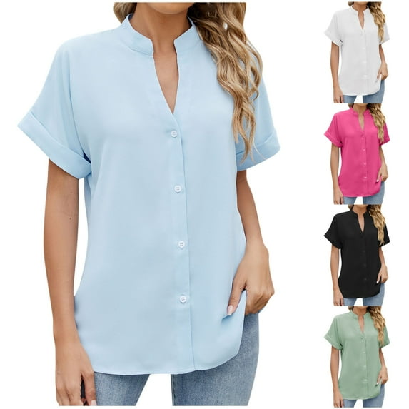 Swuxness Women Short Sleeve Casual T Shirts, Spring and Summer Tops, Ladies V-Neck Solid Color Button Comfortable Fashion Loose Pullover Tee White, XXL