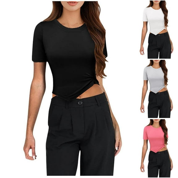 Swuxness Women Short Sleeve Casual T Shirts, Spring and Summer Short Tops, Ladies Fashion Solid Color Crew Neck Comfy Slim Pullover Blouse Black, XL