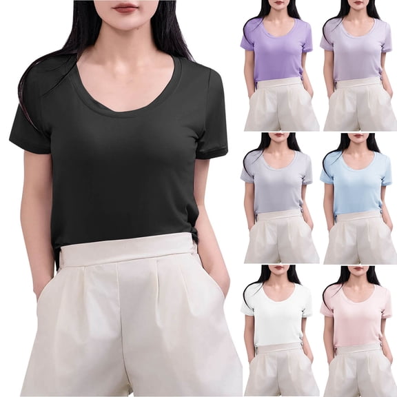 Swuxness Women Short Sleeve Casual T Shirts, Spring and Summer Tops, Ladies Fashion Solid Color Crew Neck Comfy Slim Pullover Blouse Gray, XL
