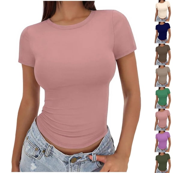 Swuxness Women Short Sleeve Casual T Shirts, Spring and Summer Tops, Ladies Fashion Solid Color Crew Neck Comfy Slim Pullover Blouse Purple, S