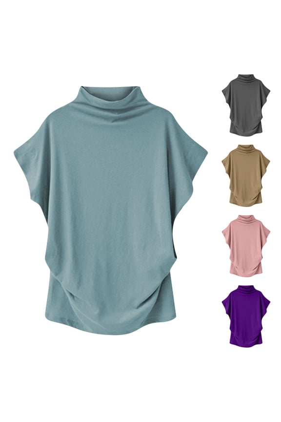 Women Short Sleeve Casual T Shirts, Spring and Summer Tops, Ladies Fashion Solid Color High Neck Comfy Blouse Light Blue, S