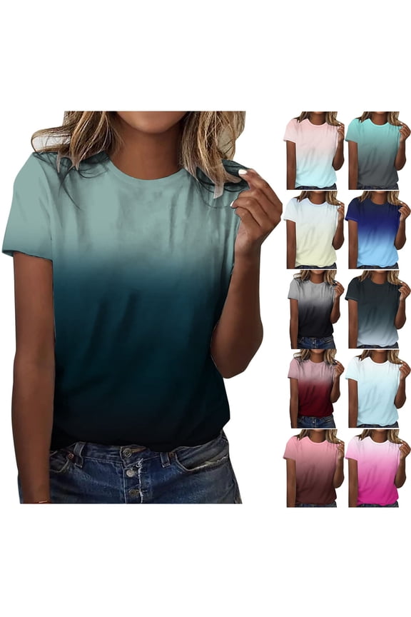 Women Short Sleeve Casual T Shirts, Spring and Summer Tops, Ladies Solid Color Crew Neck Comfortable Gradient Printed Top Mint Green, L