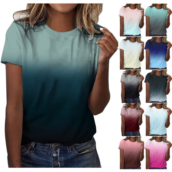 Swuxness Women Short Sleeve Casual T Shirts, Spring and Summer Tops, Ladies Solid Color Crew Neck Comfortable Gradient Printed Top Wine, XXXL