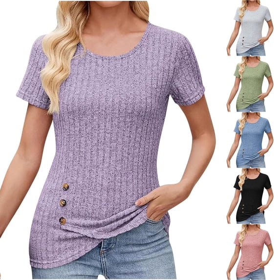 Swuxness Women Short Sleeve Casual T Shirts, Spring and Summer Tops, Ladies Solid Color Crew Neck Comfy Fashion Loose Button Pleated Blouse Green, M