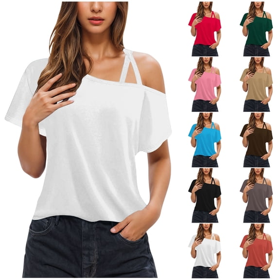 Swuxness Women Short Sleeve Casual T Shirts, Spring and Summer Tops, Ladies Solid Color Crew Neck Fashion Comfortable Blouses Off Shoulder Tee Red, L