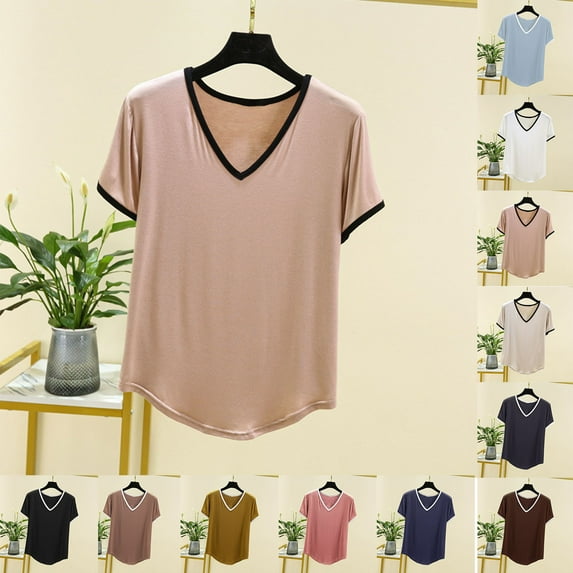 Swuxness Women Short Sleeve Casual T Shirts, Spring and Summer Tops, Ladies V-Neck Printed Comfortable Fashion Loose Pullover Tee Pink, XL