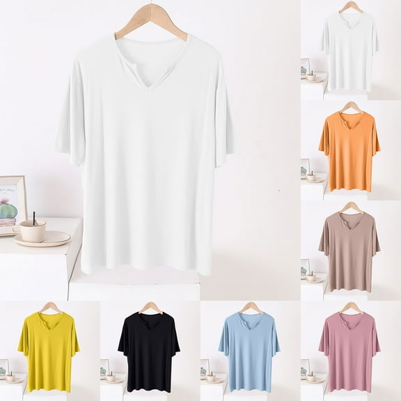 Swuxness Women Short Sleeve Casual T Shirts, Spring and Summer Tops, Ladies V-Neck Solid Color Comfortable Fashion Loose Pullover Tee Blue, L