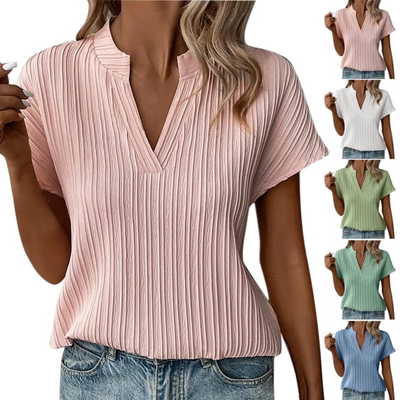 Swuxness Women Short Sleeve Casual T Shirts, Spring and Summer Tops, Ladies V-Neck Solid Color Comfortable Fashion Loose Pullover Tee Blue, M