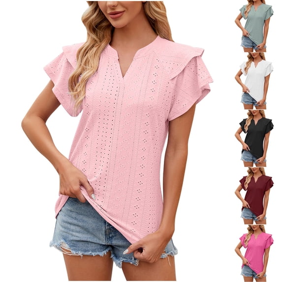 Swuxness Women Short Sleeve Casual T Shirts, Spring and Summer Tops, Ladies V-Neck Solid Color Comfortable Fashion Loose Pullover Tee Hot Pink, M