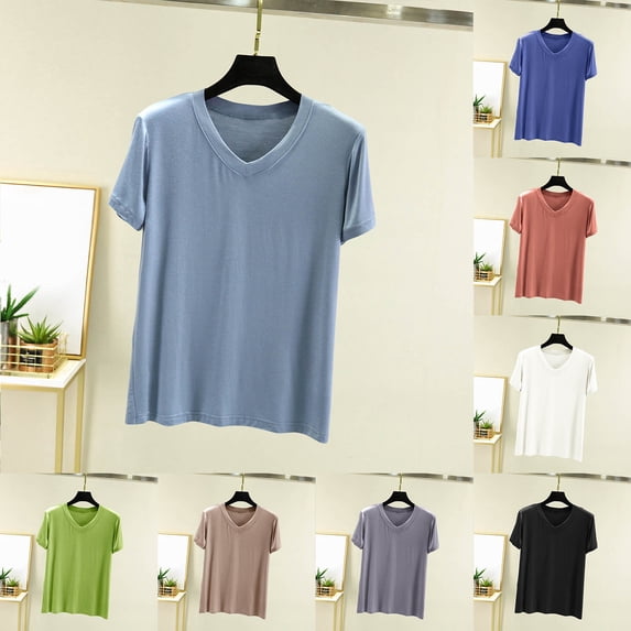 Swuxness Women Short Sleeve Casual T Shirts, Spring and Summer Tops, Ladies V-Neck Solid Color Comfortable Fashion Loose Pullover Tee Light Blue, XL