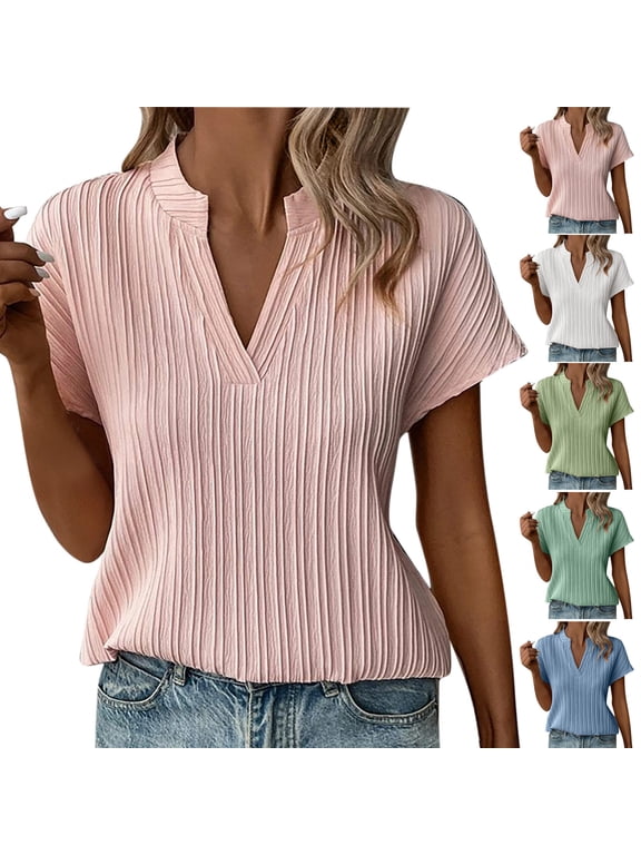 Women Short Sleeve Casual T Shirts, Spring and Summer Tops, Ladies V-Neck Solid Color Comfortable Fashion Loose Pullover Tee Pink, XL