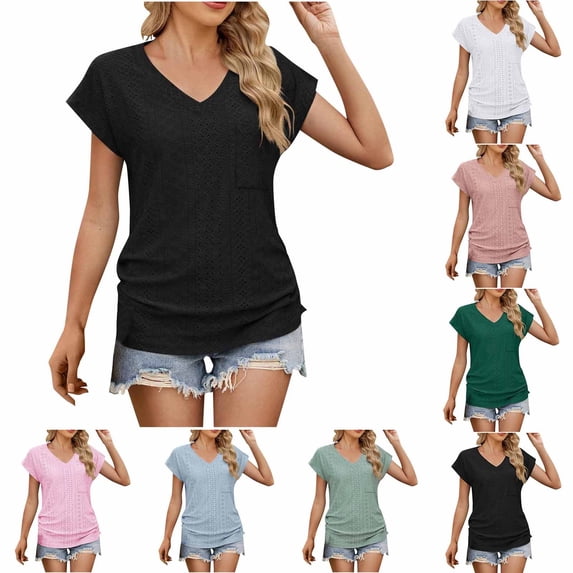 Swuxness Women Short Sleeve Casual T Shirts, Spring and Summer Tops, Ladies V-Neck Solid Color Comfortable Fashion Slim Pullover Tee Pink, XL