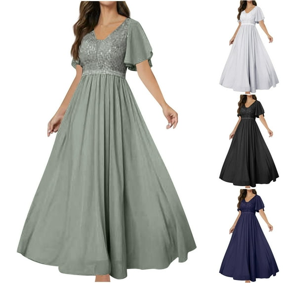 Swuxness Women Short Sleeve Formal Dresses, Women Long Evening Gown, Women's Solid Color V Neck Mesh Big Formal Evening Party Gown Maxi Long Dress Black, XXL