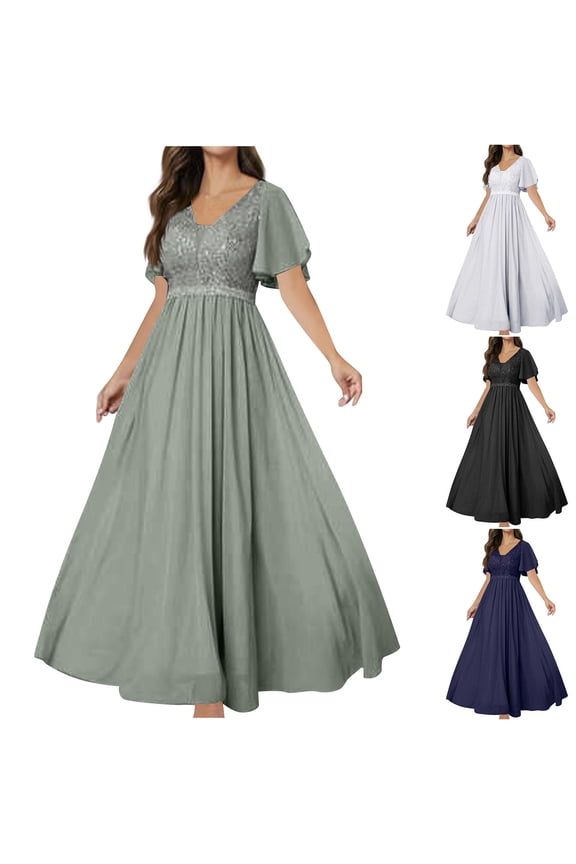 Women Short Sleeve Formal Dresses, Women Long Evening Gown, Women's Solid Color V Neck Mesh Big Formal Evening Party Gown Maxi Long Dress Black, L