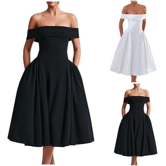 Swuxness Women Short Sleeve Formal Dresses, Women Maxi Evening Gown, Women's One Shoulder One Neck Elegant Solid Color Bandeau Formal Evening Gown Dress White, M
