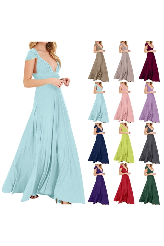 Women Short Sleeve Formal Dresses, Women Maxi Evening Gown, Women's Solid Multi Way Wear Multi Strap Back Waist Long Evening Gown Dress Pink, M