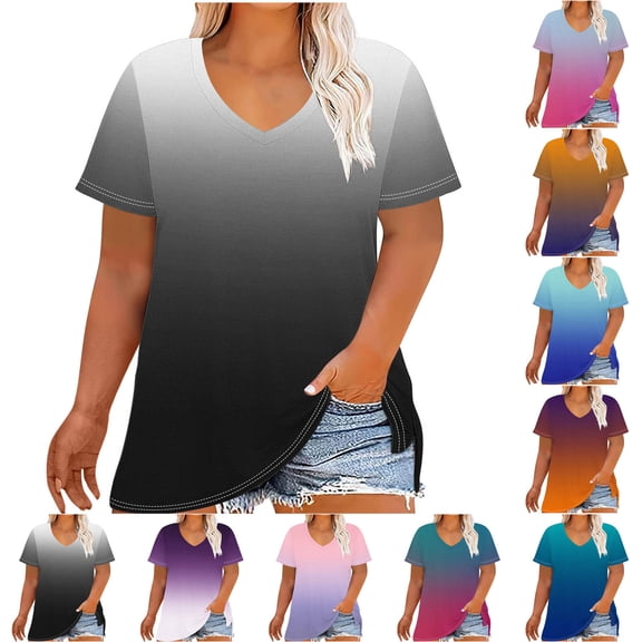 Swuxness Women Short Sleeve Plus Size T Shirts, Spring and Summer Casual Tops, Ladies V-Neck Printed Comfortable Fashion Loose Pullover Tee Light Blue, XXXXXL