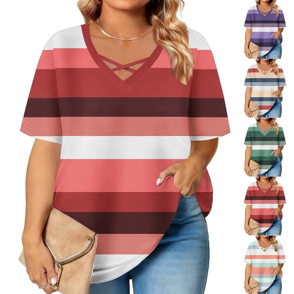 Swuxness Women Short Sleeve Plus Size T Shirts, Spring and Summer Casual Tops, Ladies V-Neck Printed Comfortable Fashion Loose Pullover Tee White, XXL