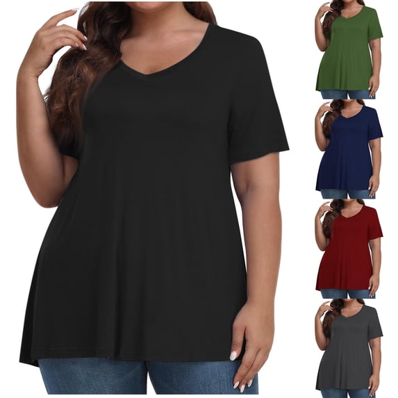 Swuxness Women Short Sleeve Plus Size T Shirts, Spring and Summer Casual Tops, Ladies V-Neck Solid Color Comfortable Fashion Loose Pullover Tee Green, XXXL