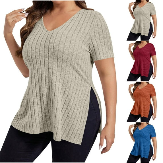 Swuxness Women Short Sleeve Plus Size T Shirts, Spring and Summer Casual Tops, Ladies V-Neck Solid Color Comfortable Fashion Loose Pullover Tee Red, XXXXL