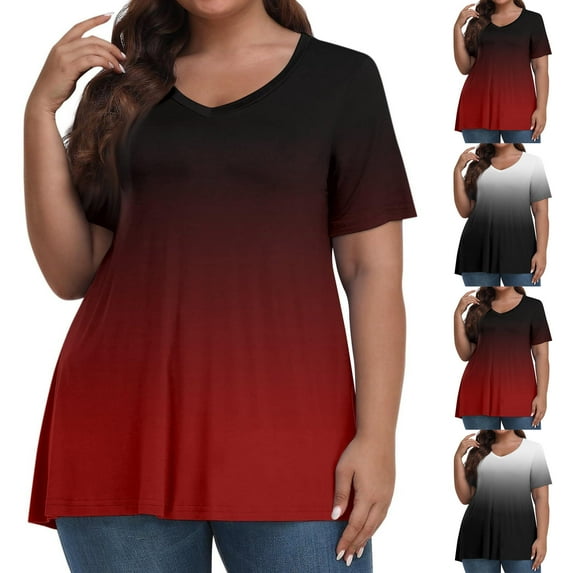 Swuxness Women Short Sleeve Plus Size T Shirts, Spring and Summer Casual Tops, Ladies V-Neck Printed Comfortable Fashion Loose Pullover Tee Wine, XL