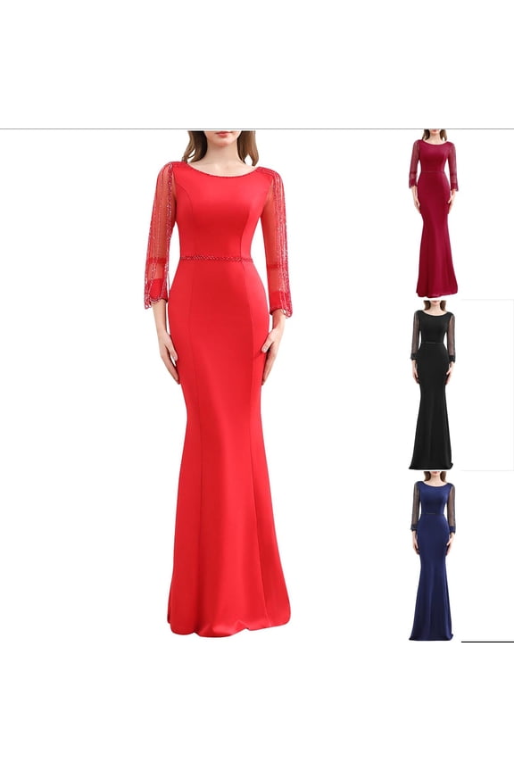 Women Sleeveless Formal Maxi Dresses, Women Long Evening Gown, Women's Round Neck Fitted Waist Hugging Hips Slim Fishtail Skirt Maxi Formal Evening Gown Dress Red, XXL