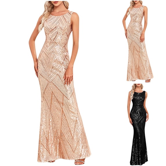 Swuxness Women Sleeveless Formal Maxi Dresses, Women Maxi Evening Gown, Women's Round Neck Shiny Fishtail Skirt Long Formal Evening Gown Dress Beige, M