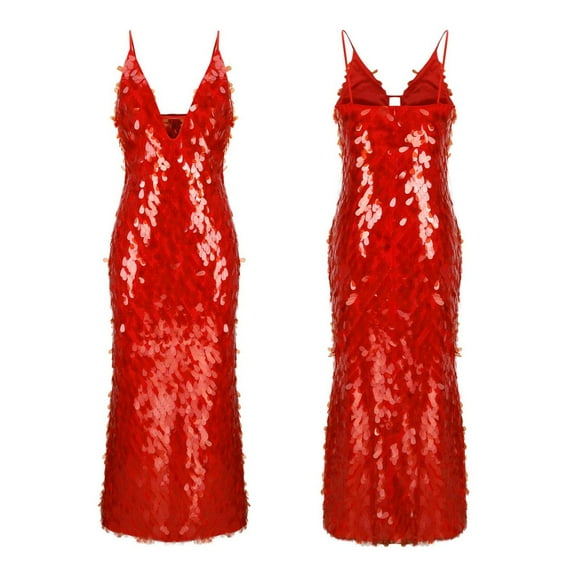 Swuxness Women Sleeveless Formal Maxi Dresses, Women Maxi Evening Gown, Women's Solid Color Spaghetti Strap V Neck Slim Sequined Backless Formal Long Evening Gown Red, L