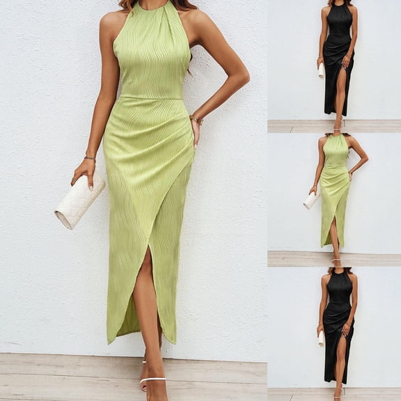 Swuxness Women Sleeveless Formal Maxi Dresses, Women Maxi Evening Gown, Women's Solid Neck Fitted Waist Slit Round Neck Stylish Elegant Formal Evening Gown Black, M