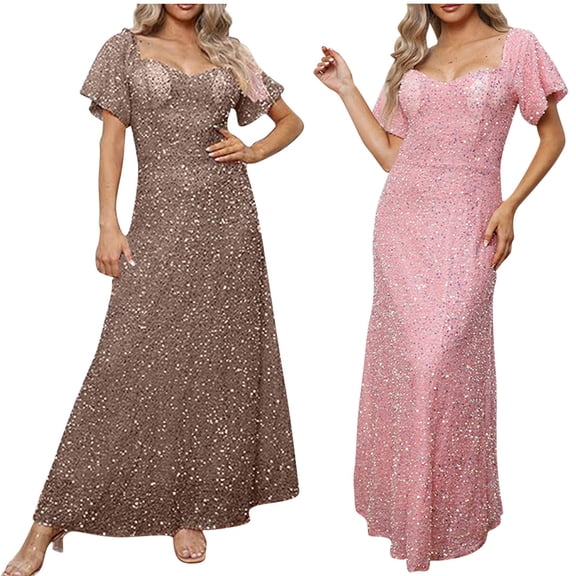 Swuxness Women Sleeveless Formal Maxi Dresses, Women Maxi Evening Gown, Women's V Neck Backless Sequin Long Formal Evening Gown Dress Pink, S