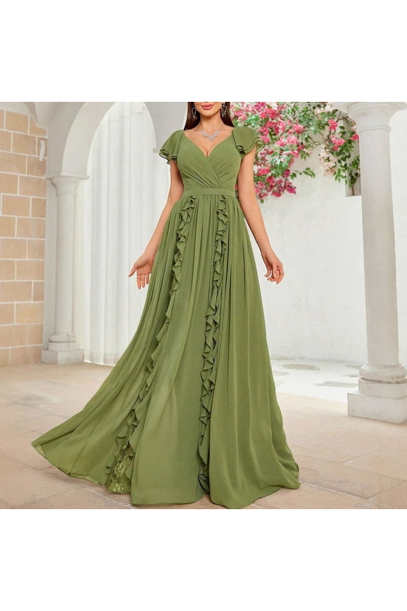 Women Sleeveless Formal Maxi Dresses, Women Maxi Evening Gown, Women's V Neck Fitted Waist Ruffled Formal Long Evening Gown Dress Army Green, S