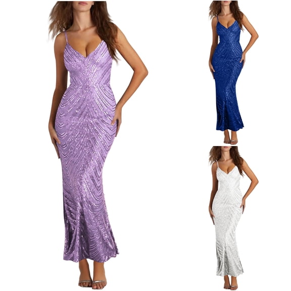 Swuxness Women Sleeveless Formal Maxi Dresses, Women Maxi Evening Gown, Women's V Neck Sequin Fishtail Skirt Spaghetti Straps Formal Evening Gown Long Dress White, M