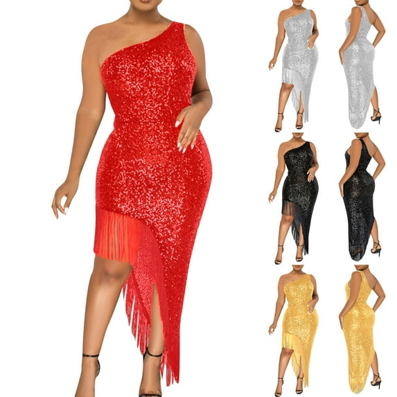 Swuxness Women Sleeveless Formal Maxi Dresses, Women Mid Length Evening Gown, Women's Sequin One Shoulder Solid Color Formal Evening Gown Dress Red, M
