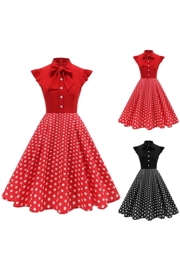 Women Sleeveless Vintage Dress, Women Mid Length Evening Gown, Women's Vintage Floral and Polka Print Elegant Fitted Waist Formal Evening Gown Dress Black, XL