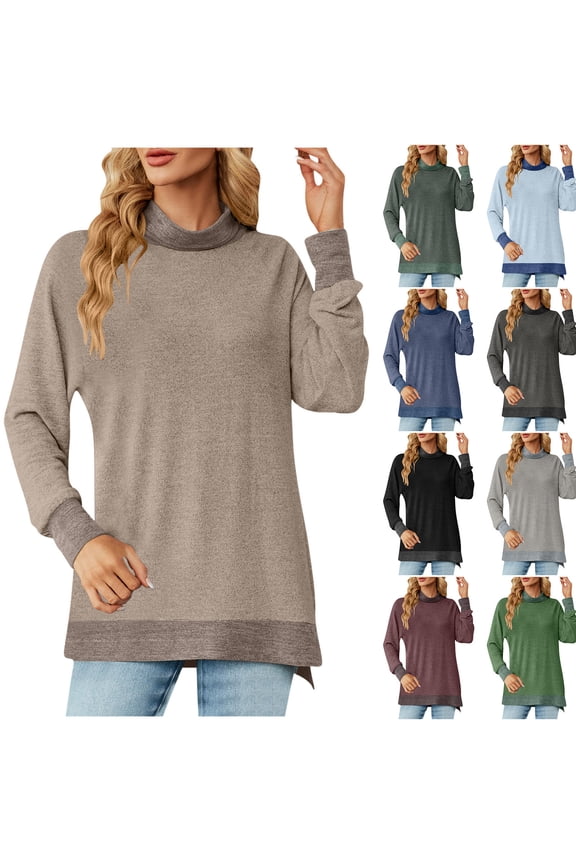 Women Sports Casual Shirt, Women's Long Sleeve Tops, Women Fashion Color Block High Neck Split Hem Comfortable Soft Tops for Blouses Ladies Purple, XXL