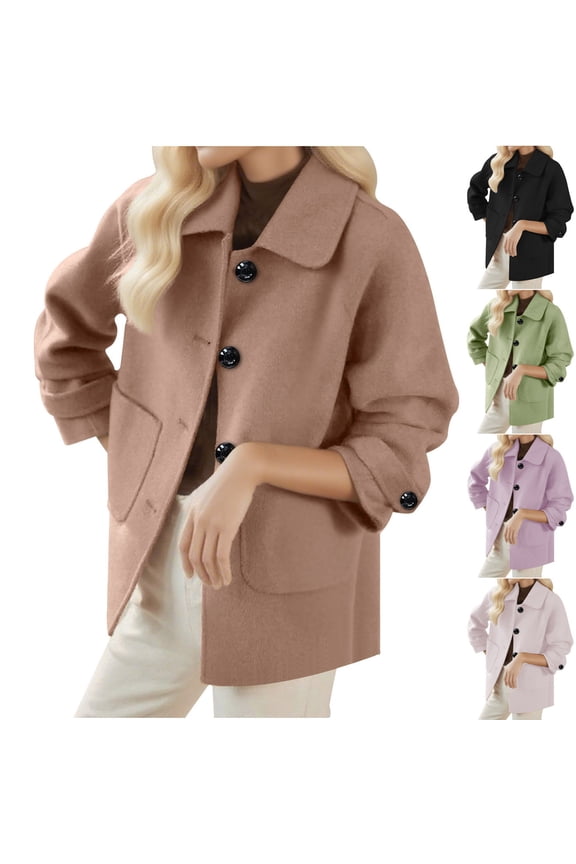 Women's Casual Fall Jacket, Women Long Sleeve Coat, Women's Fashion Solid Color Breasted Woolen Comfortable Lightweight Soft Coat for Ladies Khaki, S