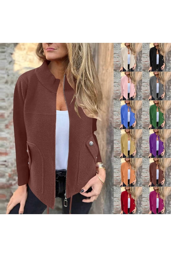 Women's Casual Jacket, Women Long Sleeve Coat, Women Solid Color Comfortable Soft Jacket with Full Zip Front and Contrast Pockets Outerwear Blue, XL