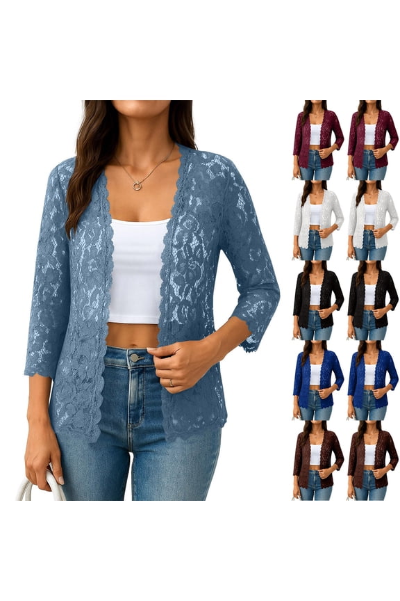 Women's Casual Jacket, Women Long Sleeve Coat, Women's Fashion Solid Color Hollow Out Comfortable Lace Cardigan Top Coat for Ladies Light Blue, L